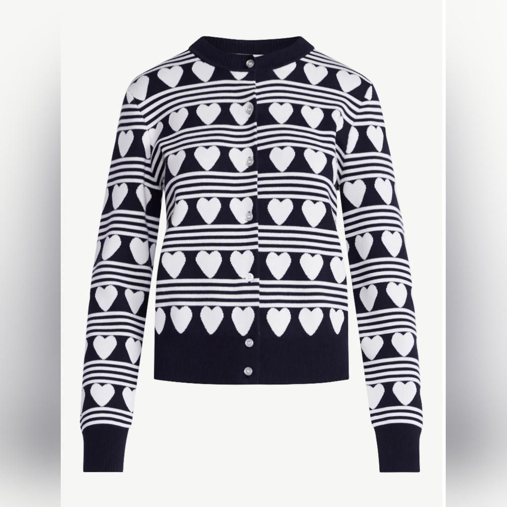 Free Assembly Heart Print Cardigan Navy White Size S NWT Lightweight Button Fron